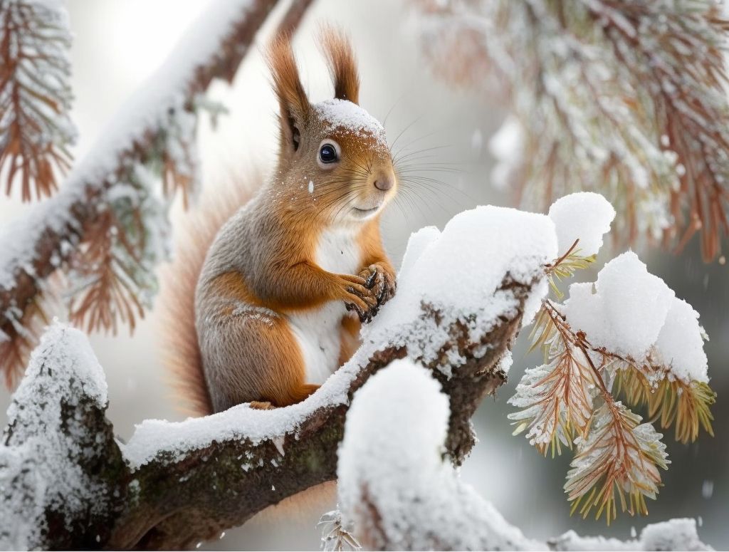Eichhörnchen mit Nuss auf einem Baum