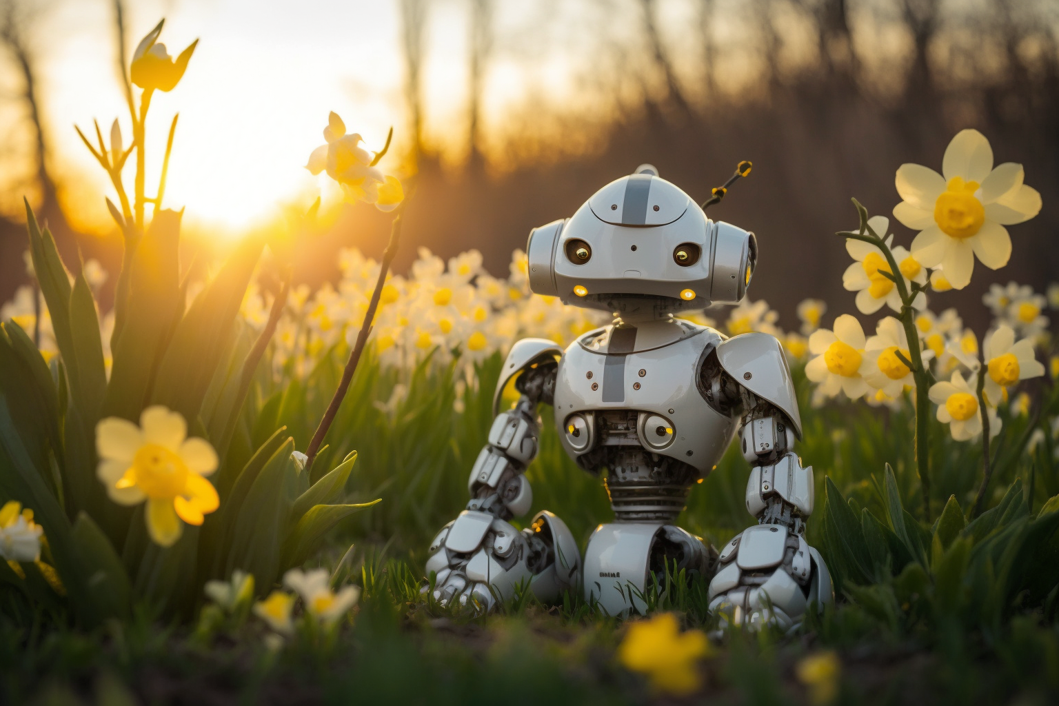 AI Robot in a Meadow with Daffodils